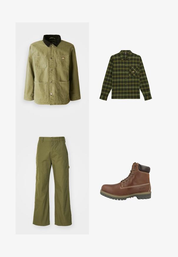 Chaqueta verde olivo con un cuello de pana oscuro, que cuenta con dos bolsillos frontales, botones a presión y un sutil logo en el lado izquierdo del pecho.; Camisa de franela a cuadros verdes con cuello, mangas largas, cierre frontal de botones y un bolsillo en el pecho. Presenta acentos en azul oscuro y blanco.; Pantalones de pernera ancha en verde oliva, confeccionados con una tela resistente, que presentan un cierre de botón, bolsillos laterales y un diseño de dobladillo recto.; Botín de piel marrón con puntera redondeada, cuello acolchado, costuras blancas y suela de goma con patrón antideslizante.