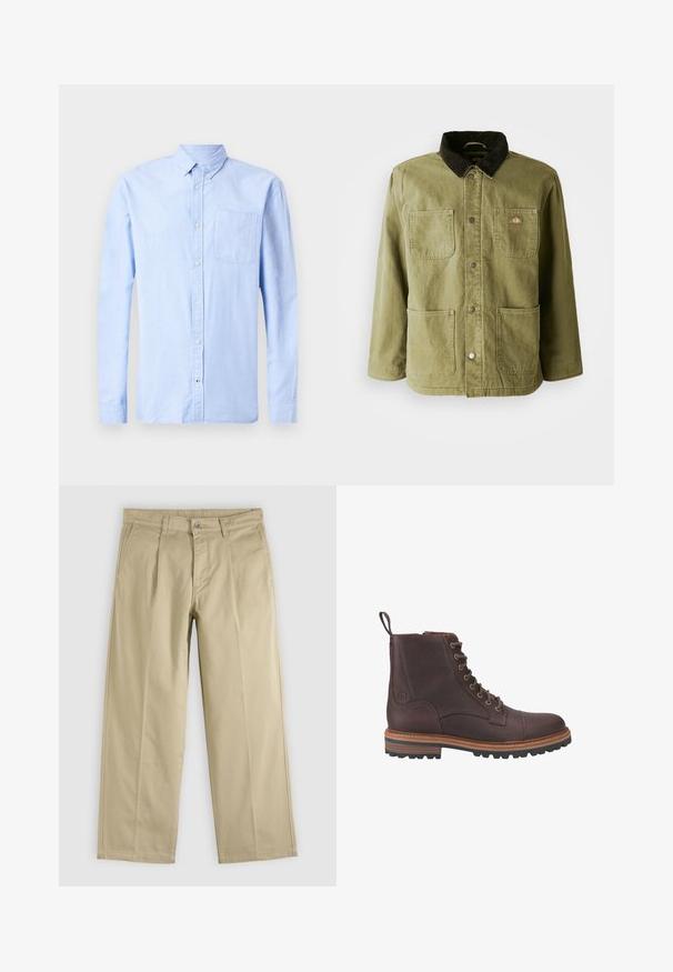 Chaqueta verde olivo con un cuello de pana oscuro, que cuenta con dos bolsillos frontales, botones a presión y un sutil logo en el lado izquierdo del pecho.; Camisa de manga larga azul clara, confeccionada en una tela suave, que presenta un cuello abotonado y un solo bolsillo en el pecho.; Pantalones beige de pierna recta con pliegues frontales, trabillas para cinturón, bolsillos laterales y cierre de botón en la cintura.; Botas de piel marrón con cordones hasta el tobillo, acabado texturizado, suelas beige contrastantes y ojales metálicos. Incluyen una lengüeta para facilitar su puesta.