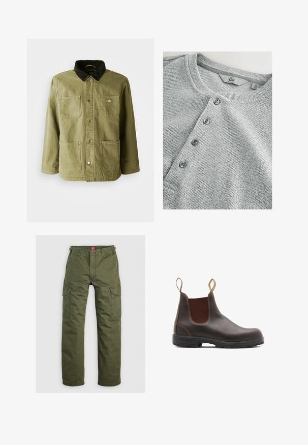 Chaqueta verde olivo con un cuello de pana oscuro, que cuenta con dos bolsillos frontales, botones a presión y un sutil logo en el lado izquierdo del pecho.; Camisa de punto gris de manga larga con cuello redondo, tapeta de cinco botones, textura acanalada y un diseño ajustado. La etiqueta indica talla M.; Pantalones cargo verde oliva hechos de una tela duradera, con bolsillos laterales, cierre de botón y un diseño de pierna recta.; Botas Chelsea de cuero marrón con paneles laterales elásticos y tiradores. Parte superior texturizada, suela de goma duradera y detalle de costura en contraste.