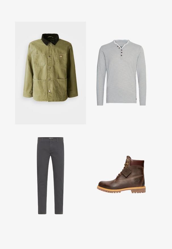 Chaqueta verde olivo con un cuello de pana oscuro, que cuenta con dos bolsillos frontales, botones a presión y un sutil logo en el lado izquierdo del pecho.; Solid SDBelagos - Camiseta de manga larga - monument; Pantalones grises de corte ajustado, elaborados en suave algodón. Presentan un cierre con botón, presillas para cinturón y un diseño limpio y aerodinámico. Sin patrones visibles.; Botín de cuero marrón hasta el tobillo con punta redonda, suela resistente, herrajes en tono dorado y parte superior texturizada. Incluye una etiqueta con el logo adjunta.