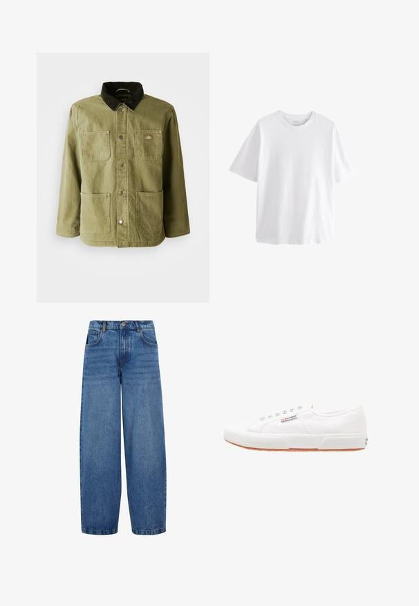 Chaqueta verde olivo con un cuello de pana oscuro, que cuenta con dos bolsillos frontales, botones a presión y un sutil logo en el lado izquierdo del pecho.; Camiseta blanca lisa de manga corta y cuello redondo con un ajuste relajado sobre un fondo blanco.; Jeans de pierna ancha en denim azul medio. Presentan una cintura alta, diseño clásico de cinco bolsillos y un ligero desgaste a lo largo de las piernas. Dobladillo estándar.; Zapatillas de lona blancas con suela de goma, diseño de cordones y una pequeña etiqueta con el logo en el lateral. Parte superior texturizada blanca y suela marrón.