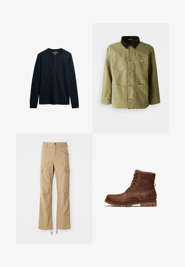 Chaqueta verde olivo con un cuello de pana oscuro, que cuenta con dos bolsillos frontales, botones a presión y un sutil logo en el lado izquierdo del pecho.; Camisa henley de manga larga en color marino, hecha de algodón suave, con una tapeta de tres botones, dobladillo redondeado y pequeño logotipo en el pecho.; Pantalones cargo caqui hechos de un tejido duradero, con múltiples bolsillos laterales, un diseño de pierna recta y cuerdas ajustables en el dobladillo.; Botín de cuero marrón hasta el tobillo con diseño de cordones, cuello acolchado, costuras en contraste y suela de goma con un patrón de textura.