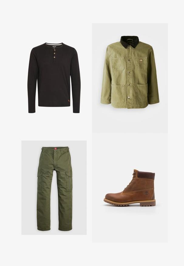 Chaqueta verde olivo con un cuello de pana oscuro, que cuenta con dos bolsillos frontales, botones a presión y un sutil logo en el lado izquierdo del pecho.; Camisa de manga larga negra hecha de una tela suave, con un cuello redondo, tapeta de botones con botones de madera y una pequeña etiqueta de logo en el dobladillo.; Pantalones cargo verde oliva hechos de una tela duradera, con bolsillos laterales, cierre de botón y un diseño de pierna recta.; Botas de senderismo de cuero marrón con un acabado suave, tobillo acolchado, ojales de metal y suela de goma con un patrón de tracción robusto.