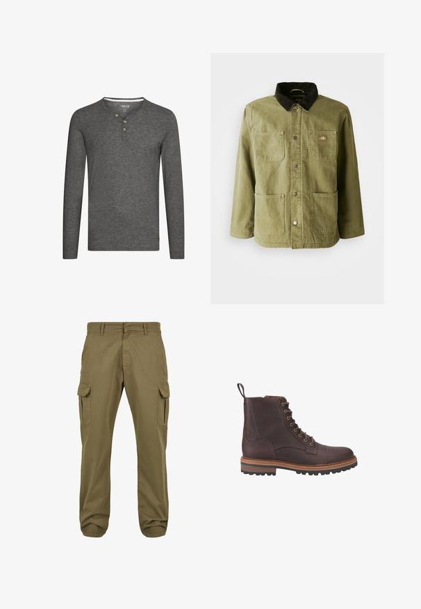 Chaqueta verde olivo con un cuello de pana oscuro, que cuenta con dos bolsillos frontales, botones a presión y un sutil logo en el lado izquierdo del pecho.; Camisa de manga larga gris con un escote tipo henley, tres botones de madera y una pequeña etiqueta con el logo en la parte inferior izquierda. Tejido suave y texturizado.; Pantalones cargo verdes con corte recto, de material de algodón, bolsillos laterales y cierre de botón para mayor funcionalidad. Textura suave, diseño casual.; Botas de piel marrón con cordones hasta el tobillo, acabado texturizado, suelas beige contrastantes y ojales metálicos. Incluyen una lengüeta para facilitar su puesta.