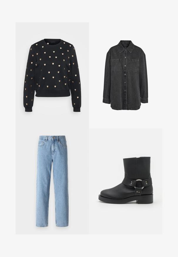 Chemise en denim noir avec col, deux poches avant et fermeture à boutons ; présente des manches longues et une coupe décontractée. Texture épaisse.; Sweatshirt noir au design court et à encolure ronde, ornée de motifs de cœurs dorés disposés uniformément sur le devant et les manches.; Jeans en denim bleu clair avec une coupe droite, taille haute et un design à cinq poches. Comprend un bouton en métal et des passants de ceinture.; Zign Studio LEATHER - Bottines à plateau - black