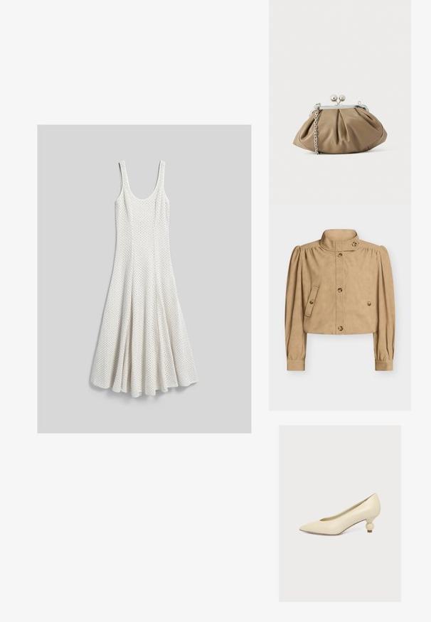 Veste courte beige avec col haut, manches longues bouffantes, devant boutonné, poches à rabat boutonnées, et détails de boutons sur le col et les poignets.; Robe blanche en tricot sans manches avec encolure dégagée et jupe évasée texturée, étalée à plat sur fond gris.; Escarpin couleur crème à bout pointu avec un talon bas unique en forme de bulbe sur fond blanc uni.; Pochette en cuir beige clair à la forme arrondie, texture plissée, fermeture à verrou argentée et bandoulière chaîne amovible.