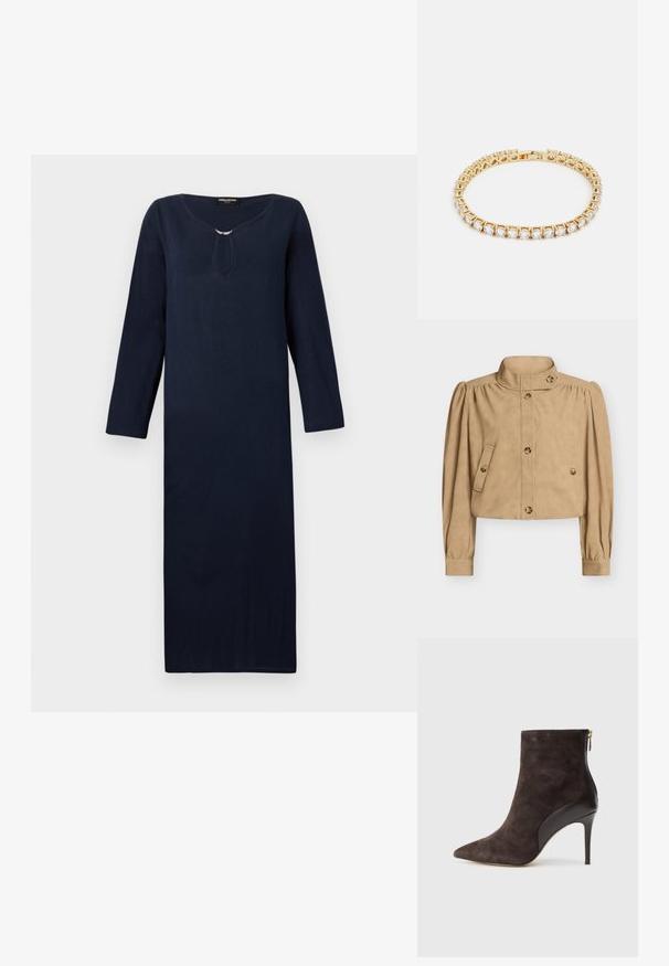Beige cropped jack met hoge kraag, lange pofmouwen, knoopsluiting aan de voorkant, klepzakken met knoop en knoopdetails op de kraag en manchetten.; Lange marineblauwe jurk met een ronde hals, driekwart mouwen en een decoratieve zilveren accent bij de hals. Gemaakt van een geweven stof.; Bruine suede enkelboot met een spitse neus, zwarte leren accenten en een hoge stilettohak, met een ritsdetails aan de zijkant.; Marchesa STONE FLEX - Armband - gold-coloured