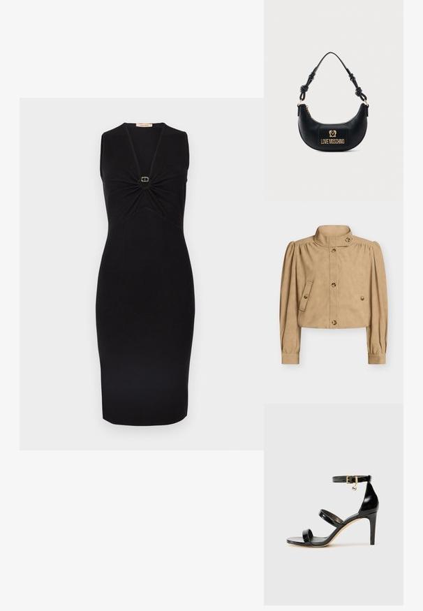 Veste courte beige avec col haut, manches longues bouffantes, devant boutonné, poches à rabat boutonnées, et détails de boutons sur le col et les poignets.; Robe noire sans manches avec un col en V et un détail froncé au niveau de la poitrine, ornée d'un petit accent circulaire doré au centre. Silhouette ajustée.; Sandale en cuir verni noir avec trois brides, boucle de cheville et talon aiguille de 10 cm. Présente un détail en métal doré et un charm logo.; Sac à main noir demi-lune avec poignée nouée et plaque logo dorée "Love Moschino" sur le devant, fermeture éclair en haut.