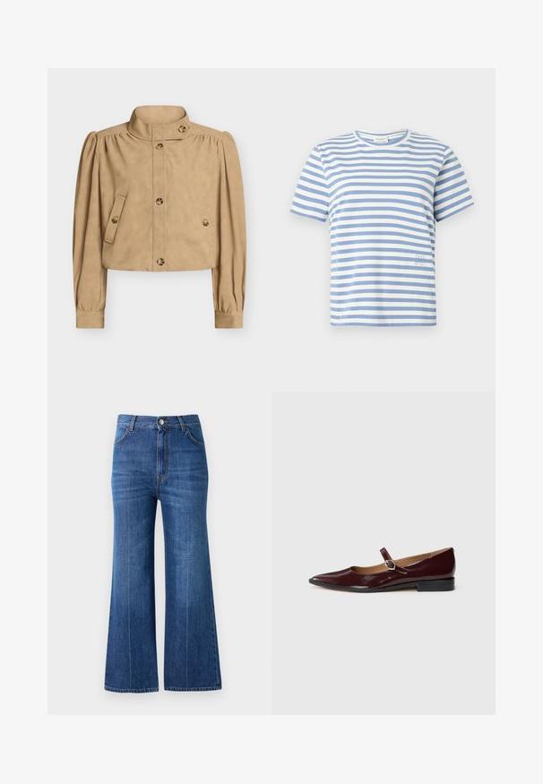 Beige gekürzte Jacke mit hohem Kragen, langen aufgeblähten Ärmeln, geknöpftem Vorderteil, geknöpften Klapptaschen und Knopfdetail am Kragen und an den Manschetten.; Kurzärmeliges T-Shirt mit horizontalen weißen und hellblauen Streifen, Rundhalsausschnitt und kleinem Stickschriftzug nahe des Saums auf der rechten Seite.; Weite Jeans aus dunkelblauem Denim mit hoher Taille, subtilen Waschungen und klassischem Five-Pocket-Design. Mit kontrastierendem Faden genäht.; Burgunder patentierte Leder-Mary-Jane-Schuhe mit einer spitzen Zehe, flachem Absatz und einem dekorativen Riemen mit einem runden Schnallenakzent.