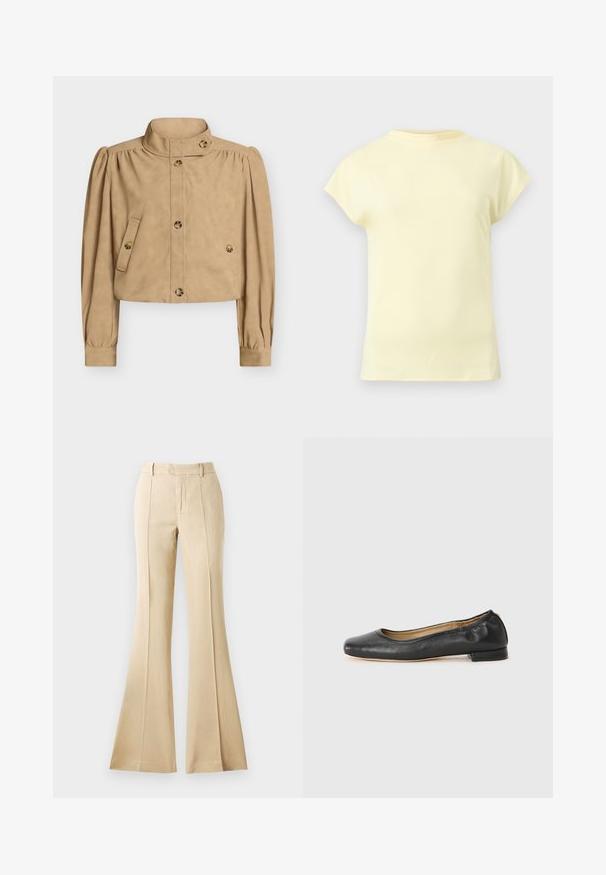 Veste courte beige avec col haut, manches longues bouffantes, devant boutonné, poches à rabat boutonnées, et détails de boutons sur le col et les poignets.; T-shirt jaune clair à manches courtes avec un col rond, présenté sur un fond gris clair neutre.; Pantalons évasés beiges en tissu lisse, avec des plis devant, une taille haute et une silhouette épurée et ajustée.; Ballerines en cuir noir avec un bout arrondi et des coutures minimales. Talon bas et rectangulaire avec une texture lisse. Détails subtils de doublure intérieure.