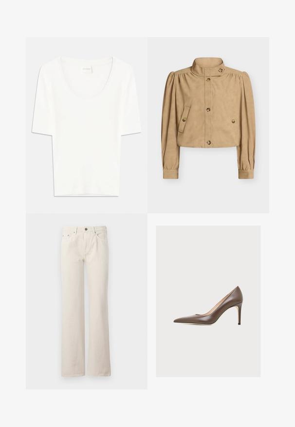 Beige gekürzte Jacke mit hohem Kragen, langen aufgeblähten Ärmeln, geknöpftem Vorderteil, geknöpften Klapptaschen und Knopfdetail am Kragen und an den Manschetten.; Weißes T-Shirt mit kurzen Ärmeln und rundem Ausschnitt. Hergestellt aus weichem Baumwollstoff, bietet es einen lässigen Schnitt und ein minimalistisches Design.; Beige weit geschnittene Jeans aus Baumwolle, mit vorderen Taschen, einem Reißverschluss und einer dezenten strukturierten Oberfläche. Klassisches Design mit lockerer Passform.; Brauner Leder-Pumps mit spitzer Spitze, hohem schlankem Stiletto-Absatz und glatter Oberfläche, seitlich auf neutralem Hintergrund dargestellt.
