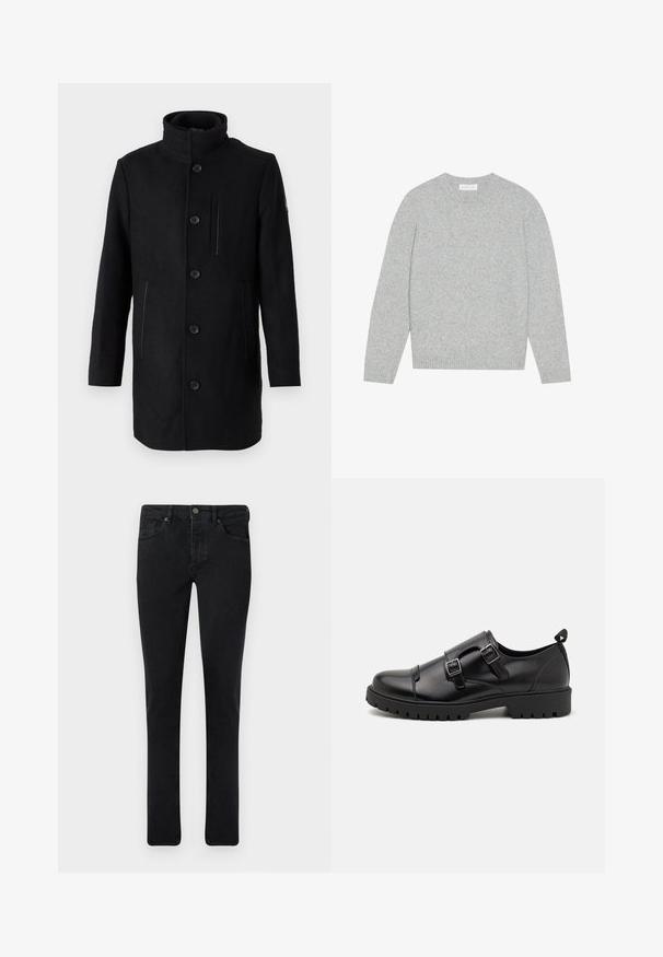 TOM TAILOR 2 IN 1 COAT - Talvemantel - black; Heled hall villane särk ümmarguse kaelusega, pikkade varrukatega ning ribatud varruka- ja alläärtega. Pehme tekstuur, vaskne ja minimalistlik disain.; Tumedad teksased pükstest slim-fit lõikega, viie taskuga disain ja metallnupukinnitus. Sile tekstuur ja ühtlane värv üle kogu pinnale.; Pier One Paelteta kingad - black