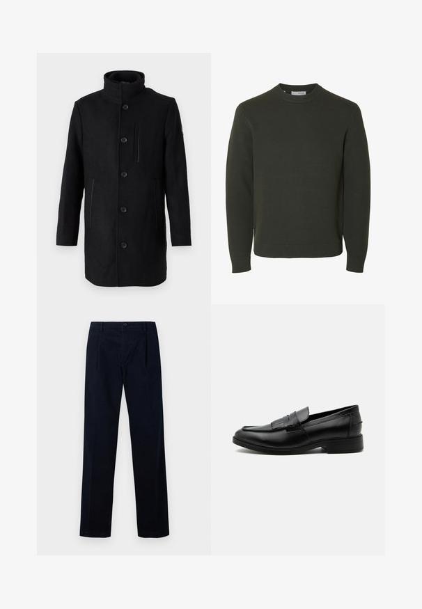 TOM TAILOR 2 IN 1 COAT - Wintermantel - black; Dunkelgrüner, gestrickter Pullover mit Rundhalsausschnitt, langen Ärmeln sowie gerippten Bündchen und Saum, auf weißem Hintergrund gezeigt.; Marineblaue Hose aus strukturiertem Stoff, mit flachem Vorderteil, zwei Falten und einem Knopfverschluss, in gerader Beinform.; Schwarzer Leder-Herrenloafer mit Quasten-Detail, abgerundeter Spitze, niedrigem Absatz und glatter, polierter Oberfläche, von der Seite auf weißem Hintergrund dargestellt.