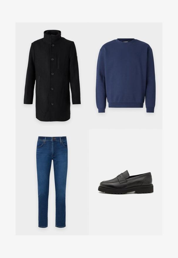 TOM TAILOR 2 IN 1 COAT - Abrigo de invierno - black; Sudadera azul marino de tela suave, con un escote redondo y puños acanalados. Incluye un logo sutil en el pecho.; Vaqueros de denim azul oscuro con un diseño de pierna recta, bolsillos frontales y un cierre de botón en la cinturilla. Textura suave, detalles mínimos.; Mocasín de cuero negro con punta redonda, detalles de costura y suela gruesa y texturizada. Presenta un diseño elegante y minimalista.