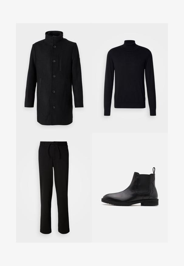 TOM TAILOR 2 IN 1 COAT - Vinterfrakke - black; Sort tregnet trøje lavet af blødt stof. Har lange ærmer, ribbestrikket krave og manchetter, samt en glat overflade uden mønstre.; Sorte sweatpants med snor i taljen, lavet af blødt og strækbart stof. Har en afslappet pasform med lige ben og uden synlige lommer.; Sort læder Chelsea støvle med elastiske sidestykker, rund tå og lav blokhælfod. Har en løftestrop bagpå for nem påtagning.