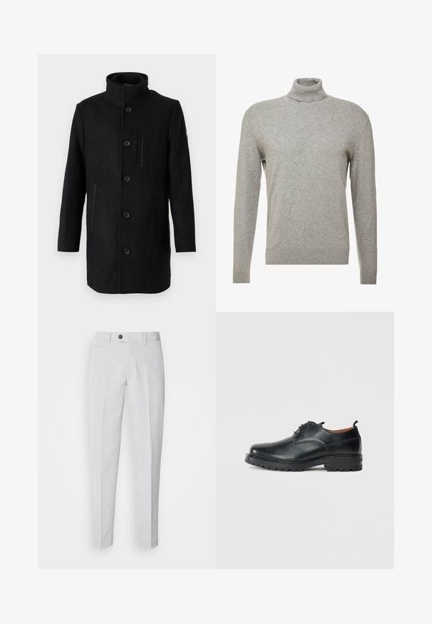 TOM TAILOR 2 IN 1 COAT - Vinterfrakke - black; Grå pullovertrøje med høj hals og lange ærmer. Fremstillet af et glat, blødt materiale med et tætsiddende design og ribbede detaljer ved kanten.; Lys grå bukser lavet af tekstureret stof, med knaplukning, flad front og smalle ben for en strømlinet pasform.; Sorte læder derby-sko med en glat overflade, rund tå, snøre-design og en tyk, robust gummisål.