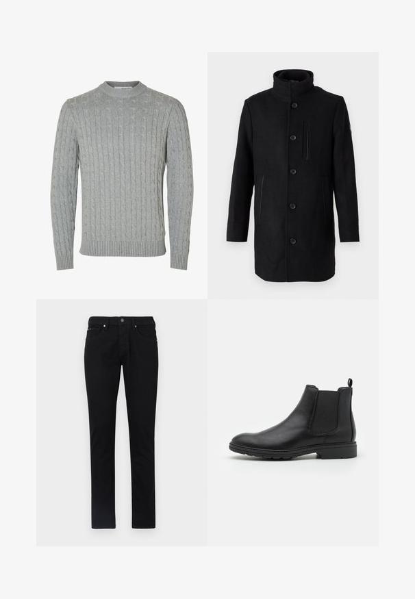 TOM TAILOR 2 IN 1 COAT - Wintermantel - black; Lichtgrijze gebreide trui met een kabelpatroon, ronde halslijn en geribde manchetten en zoom. Gemaakt van zacht, gestructureerd stof.; Zwarte denimbroek, recht gesneden ontwerp, met vijf-pocket styling, een sluiting met knoop aan de voorkant en een gladde, uniforme textuur.; Zwarte leren Chelsea-boot met elastische zijpanelen en een trekhaak, met een ronde neus en een gestructureerde rubberen zool.