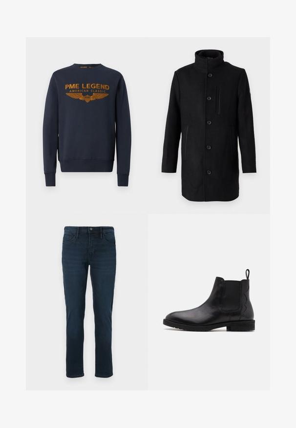 TOM TAILOR 2 IN 1 COAT - Wintermantel - black; Marineblauwe sweatshirt van katoen, voorzien van een gouden bedrukte logo met vleugels. Ronde hals, lange mouwen, ribgebreide manchetten en onderrand.; Donkerblauwe denim jeans met een rechte pijp, voorzien van vijf zakken, een knoopsluiting en subtiele vervaging aan de voorkant.; Zwarte leren Chelsea-boot met elastische zijpanelen, ronde neus en een lage blokhak. Voorzien van een treklipje aan de achterkant voor gemakkelijk aan- en uittrekken.