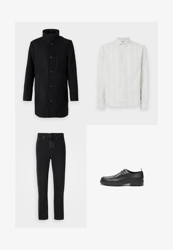 TOM TAILOR 2 IN 1 COAT - Zimný kabát - black; Svetlošedá košeľa s dlhým rukávom, biele vertikálne pruhy, zapínanie na gombíky na prednej strane a klasický golier. Má detaily v oblasti manžiet na rukávoch.; Čierne denímové nohavice so strihom rovného nohu, so zapínaním na gombík a zips, prednými vreckami a jemnou textúrou.; Čierne kožené topánky s hladkým povrchom, zaoblenou špičkou a dekoratívnym prešívaním. Majú gumovú podrážku s trakčnými drážkami a viazací dizajn.