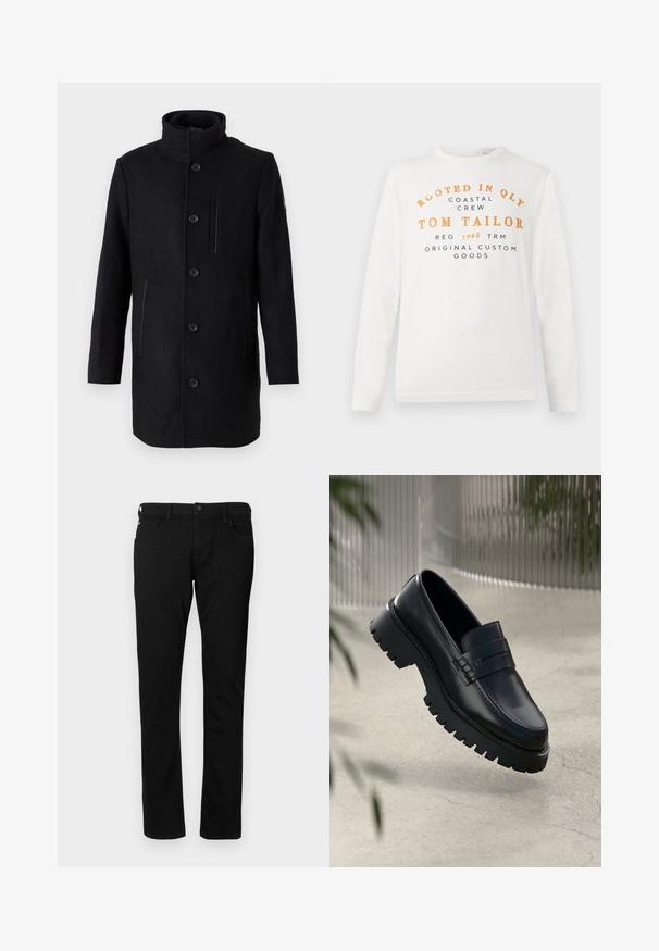 TOM TAILOR 2 IN 1 COAT - Vinterfrakke - black; Hvid langærmet skjorte med orange og sort tekst, der læser "Rooted in QLY Coastal Crew Tom Tailor Reg 1962 TRM Original Custom Goods" på forsiden.; Sorte denim jeans med en slim fit, der har forlommer, bæltestropper og en knaplukning. Glat tekstur med en ensfarvet overflade.; Sorte læder loafers med en chunky sål, der har en dekorativ rem og syninger. Glat tekstur med en poleret overflade.