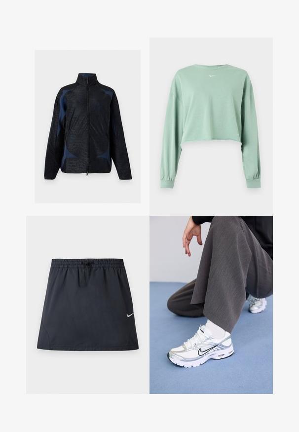 Veste noire et bleu foncé à manches longues avec motifs géométriques, col haut et fermeture éclair à l'avant.; Sweat-shirt court à manches longues vert clair avec poignets élastiques et petit logo Nike blanc centré sous l'encolure.; Jupe de sport noire avec taille élastique et cordon de serrage ajustable, présentant un petit logo Nike swoosh blanc sur le côté droit.; Baskets de sport blanches et argentées avec des matériaux en maille et synthétiques, dotées de lignes d'accent noir, de lacets et de semelles texturées.
