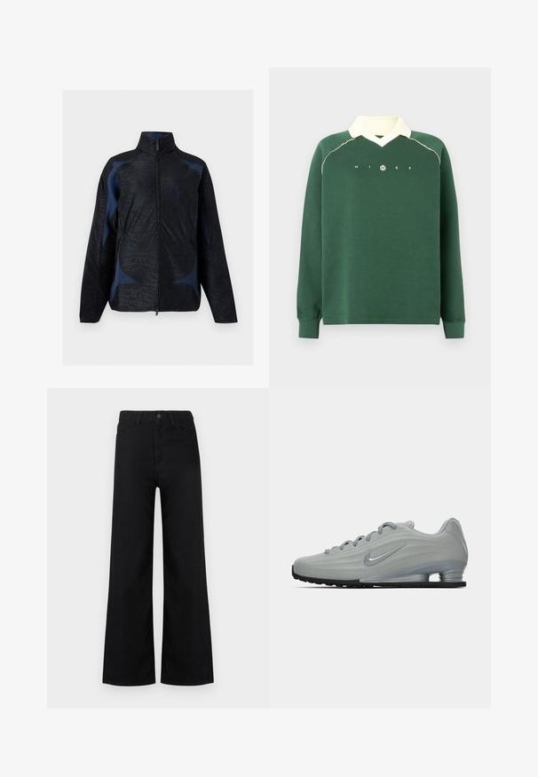 Sort og mørkeblå jakke med lange ærmer, geometriske mønstre, høj krave og lynlås foran.; Grøn langærmet sweater med cremefarvet krave, ribbede manchetter og "NIKE" tekst med logo på tværs af brystet.; Sorte højttaljede vidde-jeans med lommer foran og bagpå, lukning med knap og lynlås, vist mod en hvid baggrund.; Sidelæns udsigt af en lysegrå Nike sneaker med snørebånd, et swoosh-logo og en gennemsigtig sål med komfortabel dæmpning på en ensfarvet baggrund.