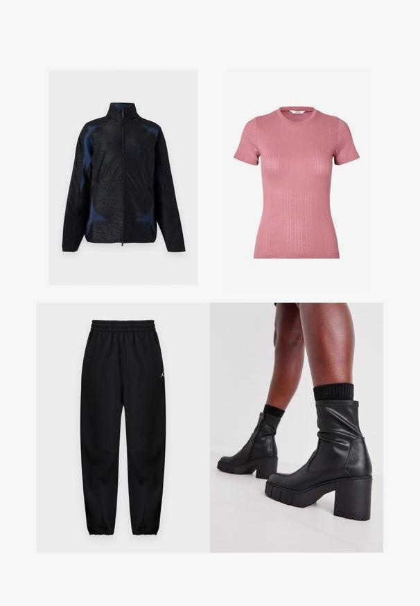 Veste noire et bleu foncé à manches longues avec motifs géométriques, col haut et fermeture éclair à l'avant.; Haut rose côtelé à manches courtes avec un col rond, présentant un motif texturé de lignes verticales et de petits losanges sur toute la surface.; Pantalon de jogging noir fuselé avec ceinture et poignets élastiques, petit logo sur la partie supérieure de la cuisse, poches avant, texture de tissu lisse.; Bottes noires en cuir au niveau des chevilles avec un design plissé, un talon haut épais et une semelle en caoutchouc texturée. Comprend une fermeture éclair sur le côté.