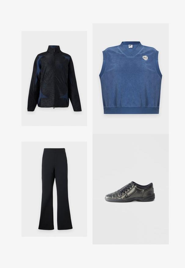Sort og mørkeblå jakke med lange ærmer, geometriske mønstre, høj krave og lynlås foran.; Ærmeløs blå Nike terry stof vest med V-hals og lille hvidt og blåt broderet logo på øverste venstre bryst.; Sorte flared bukser lavet af blødt stof med elastisk talje og en diskret sidelomme, der har en glat tekstur og minimalistisk design.; Sort lavtop Nike-sneaker med snørebånd, syet detaljering og en tekstureret sål imod en simpel hvid baggrund.