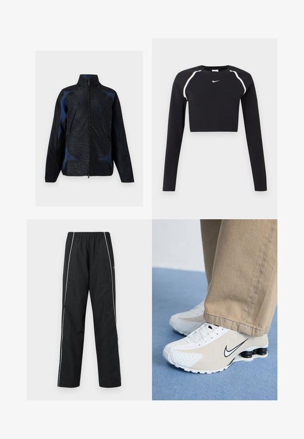 Chaqueta negra y azul oscuro de manga larga con patrones geométricos, cuello alto y cierre frontal con cremallera.; Top deportivo negro de manga larga y corto con franjas curvas blancas en los hombros y pequeño logotipo de Nike en blanco en el centro del pecho.; Pantalones deportivos negros con rayas blancas laterales, cintura elástica y logo de Nike en el muslo derecho, mostrados sobre un fondo blanco.; Zapatillas Nike blancas y beige con diseño perforado, logo de swoosh negro, parte superior texturizada y distintivo talón negro elástico.
