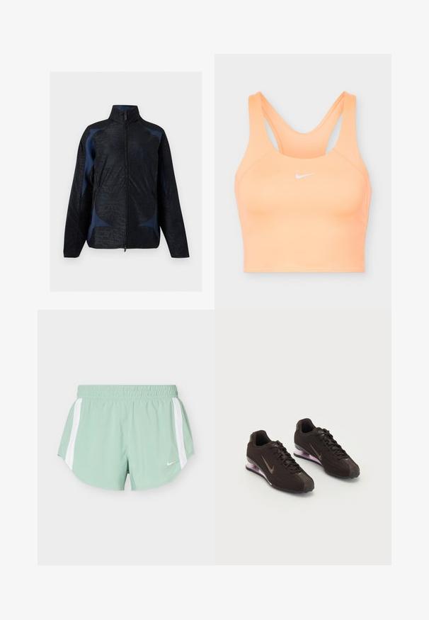 Veste noire et bleu foncé à manches longues avec motifs géométriques, col haut et fermeture éclair à l'avant.; Brassière de sport Nike couleur pêche avec un dos nageur et le logo Nike swoosh blanc centré à l'avant.; Short de sport vert clair avec des bandes blanches sur les côtés et une taille élastique, avec un petit logo blanc Nike sur le devant.; Baskets de sport noires avec une tige texturée, des accents marron et une semelle à coussin d'air violette. Design à lacets avec une marque bien visible.
