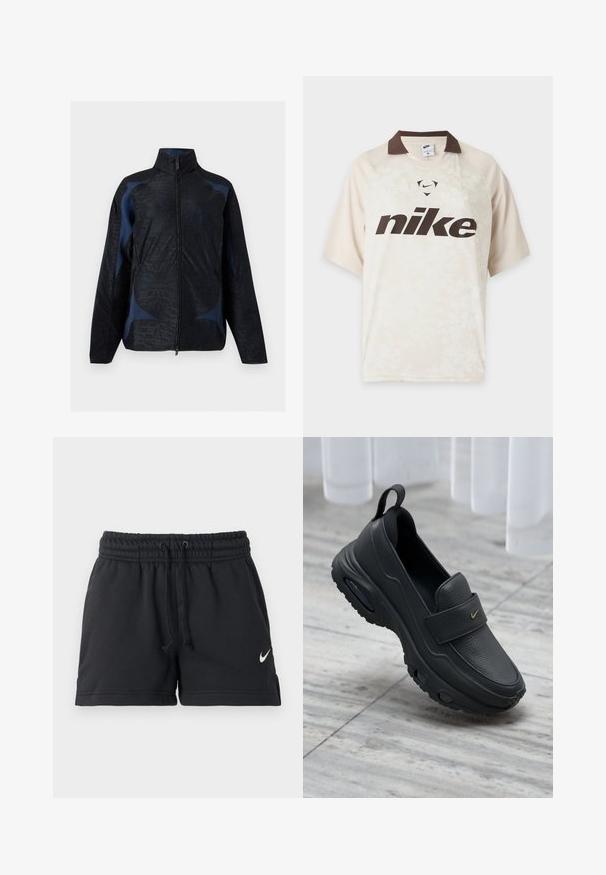 Sort og mørkeblå jakke med lange ærmer, geometriske mønstre, høj krave og lynlås foran.; Lysebeige Nike t-shirt med korte ærmer, mørkebrun krave og stort mørkebrun Nike-logo på forsiden.; Sorte Nike sportsshorts med elastik i taljen, snøre, sidelommer og hvid swoosh-logo på venstre ben.; Sort læder slip-on sko med flad sål, tekstureret finish, polstret overdel og guldfarvet logo-accent. Designet for komfort og nem påtagning.