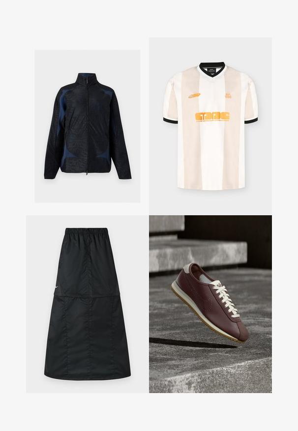 Veste noire et bleu foncé à manches longues avec motifs géométriques, col haut et fermeture éclair à l'avant.; Maillot de sport à manches courtes beige et blanc rayé avec bordure noire, texte orange indiquant "Mads Nørgaard Copenhagen" et "EST. 1986" sur le devant.; Jupe de sport noire en tissu nylon léger et lisse. Elle possède une taille élastique et une coupe simple, longue, en ligne A.; Baskets Nike bordeaux avec lacets blancs et semelle beige suspendues au-dessus de marches en béton gris en plein air.