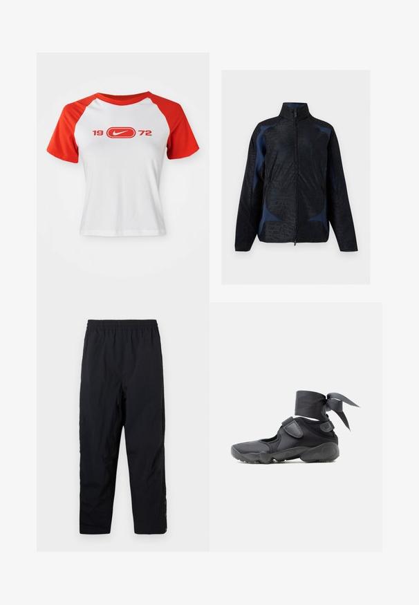 Čierna a tmavomodrá bunda s dlhým rukávom, geometrickými vzormi, vysokým golierom a predným zapínaním na zips.; Nike tričko s bielym telom a červenými raglánovými rukávmi. Na prednej strane sa nachádza nápis "1972" a logo v červenej farbe. Vyrobené z hladkej jersey látky.; Čierne elastické nohavice so širokým pásom a rovnými nohavicami, s patentkami na členkoch, na bielom pozadí.; Čierna športová obuv s výrezmi, suchými zipsami a obväzom okolo členka zviazaným na mašľu, zobrazená z boku na bielom pozadí.