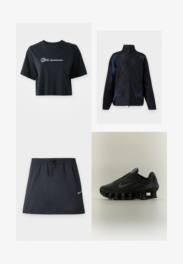 Zwart en donkerblauw jack met lange mouwen, geometrische patronen, een hoge kraag en een ritssluiting aan de voorkant.; Korte zwarte katoenen t-shirt met korte mouwen, voorzien van witte tekst "Vice Sportswear" en een ronde afbeelding aan de voorkant.; Zwarte atletische rok met elastische tailleband en verstelbare trekkoord, met een klein wit Nike-swooshlogo aan de rechterzijde.; Zwarte Nike-sneaker met een bovendeel met ritssluiting en een kenmerkende veerachtige, gesegmenteerde zool, weergegeven in zijaanzicht op een neutrale achtergrond.