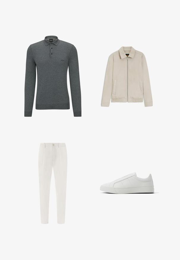 Beige herrejakke med lynlås, krave, lange ærmer, to frontlommer og elastisk kant for en tætsiddende pasform.; Grå langærmet polo skjorte lavet af blød, struktureret stof med krave, tre-knaps placket og diskret logo på brystet.; Hvide skræddersyede bukser med bæltestropper, frontknap, lynlås og tilspidsede ben, designet til et formelt eller forretningslook.; Lave, hvide slip-on sneakers med polstret krave, diskrete syningsdetaljer og tyk gummisål, vist i sideprofil på hvid baggrund.