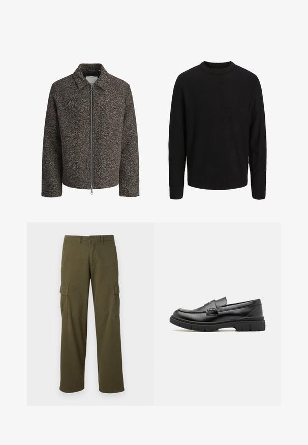 Brun struktureret jakke med lynlås, spredt krave og lange ærmer. Har et børstet stof og en let cropped pasform.; Sort langærmet strikket sweater med rund halsudskæring, ribstrikkede manchetter og kant, vist på en ensartet lys grå baggrund.; Olivengrønne cargo-bukser med lige ben-design, der har sidelommer, knaplukning og et holdbart stof.; Sort læder loafersko med en bred rem over forfoden, gummisål med tykke mønstre og glat overflade. Klassisk, slankt design.