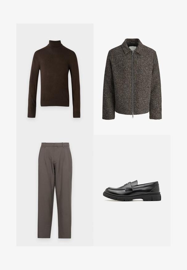 Brun struktureret jakke med lynlås, spredt krave og lange ærmer. Har et børstet stof og en let cropped pasform.; Brun rullekravesweater med lange ærmer, lavet af et glat strikket stof. Har et tætsiddende design og ribbede manchetter og krave.; Jack & Jones Classic Wide Leg Fit - Bukser - pavement; Sort læder loafersko med en bred rem over forfoden, gummisål med tykke mønstre og glat overflade. Klassisk, slankt design.