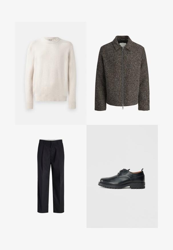 Brun struktureret jakke med lynlås, spredt krave og lange ærmer. Har et børstet stof og en let cropped pasform.; Lys beige sweater med rund hals og ribbede manchetter. Blødt tekstureret stof med lange ærmer og lige kant. Minimalistisk design.; Sorte bukser med lige ben med taljebånd, bæltestropper, frontlynlås og sidelommer vist på en hvid baggrund.; Sorte læder derby-sko med en glat overflade, rund tå, snøre-design og en tyk, robust gummisål.