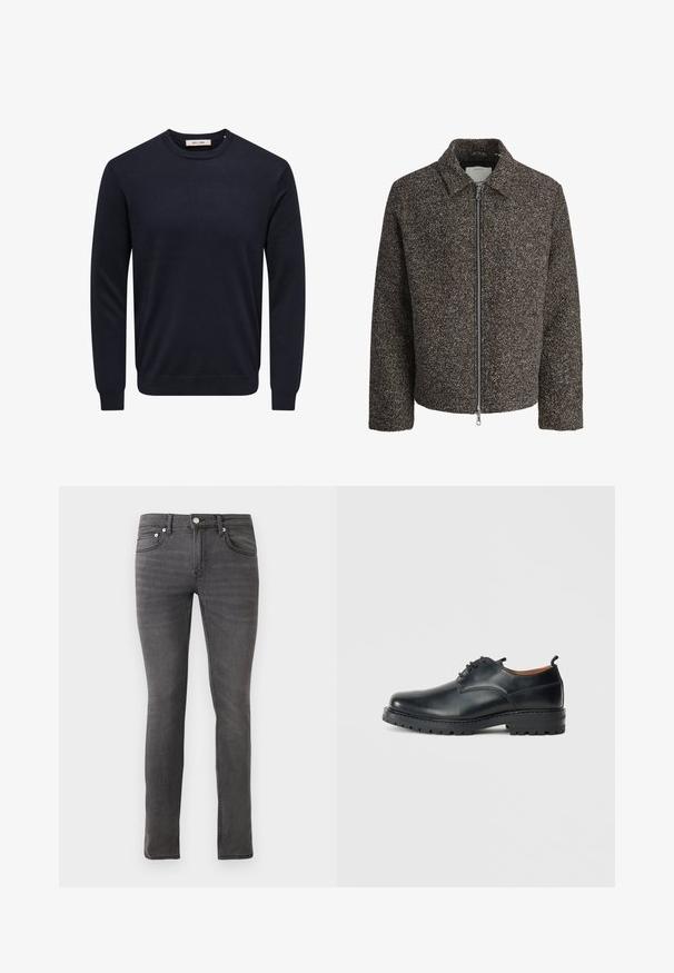 Veste texturée marron avec fermeture éclair, col évasé et manches longues. Présente un tissu brossé et une coupe légèrement courte.; Pull bleu marine à manches longues avec col rond, bord-côtes aux poignets, à l'ourlet et à l'encolure, étiquette "Only & Sons" à l'intérieur du col.; Jean en denim gris avec une coupe ajustée, présentant un design classique à cinq poches, une fermeture à bouton sur le devant et de légers détails texturés sur l'ensemble.; Chaussures derby en cuir noir avec une texture lisse, bout rond, design à lacets et une semelle en caoutchouc épaisse et robuste.