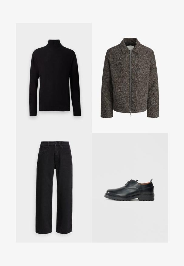 Brun struktureret jakke med lynlås, spredt krave og lange ærmer. Har et børstet stof og en let cropped pasform.; Sort strikket langærmet rullekrave sweater med ribstrikkede manchetter, kant og hals, vist på en lys grå baggrund.; Sorte denim bukser med bred benlængde og høj talje, der har fem lommer og knaplukning. Stoffet har en glat tekstur og let stræk.; Sorte læder derby-sko med en glat overflade, rund tå, snøre-design og en tyk, robust gummisål.