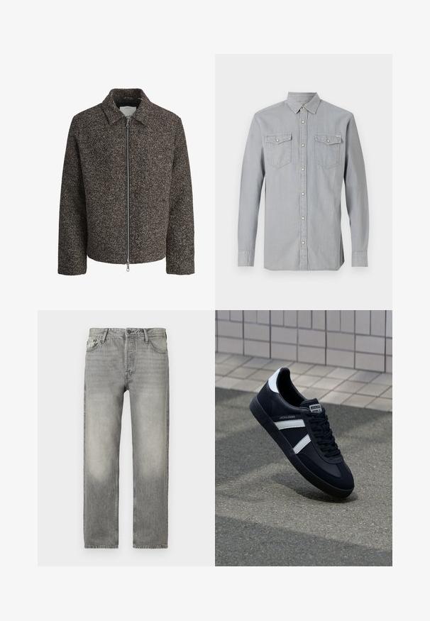 Veste texturée marron avec fermeture éclair, col évasé et manches longues. Présente un tissu brossé et une coupe légèrement courte.; Chemise en jean gris clair à manches longues, boutonnée sur le devant, avec deux poches poitrine à rabats et boutons, et un col pointu.; Jean en denim gris avec une coupe décontractée, présentant un délavage, un design à cinq poches, une fermeture à bouton et une coupe droite.; Sneaker en cuir noir avec des rayures blanches, semelle en caoutchouc texturée et devant à lacets. Présente une étiquette de marque sur la languette.