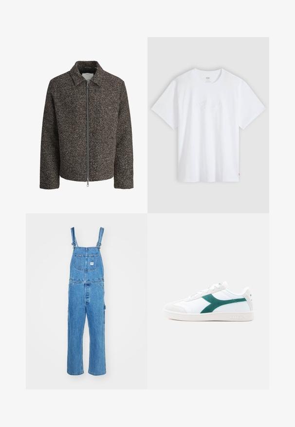 Bruine textuurjack met een ritssluiting, opstaande kraag en lange mouwen. Heeft een geborstelde stof en een iets verkorte snit.; Wit T-shirt met korte mouwen en ronde hals, met subtiel gebosseleerd scriptlogo gecentreerd op de borst en een klein rood merklabel aan de zijkant.; Denim salopette met verstelbare schouderbanden, wijde pijpen en een voorzak met een label. Lichtblauwe kleur met een gestructureerde afwerking.; Witte sneaker met groene suède accenten en grijze details. Voorzien van een rubberen zool, gestructureerd bovenwerk en een klassiek vetersluiting ontwerp.