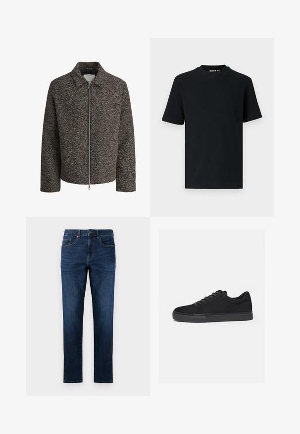 Brun struktureret jakke med lynlås, spredt krave og lange ærmer. Har et børstet stof og en let cropped pasform.; Sort kortærmet ribstrikket T-shirt med rund hals og et lille synligt mærke indeni kraven.; Mørkeblå denim jeans med lige ben design, der har fem lommer, syede detaljer og en klassisk knaplukning.; Sort lavtop sneaker med snørelukning foran og flad gummisål, vist fra siden på en hvid baggrund.