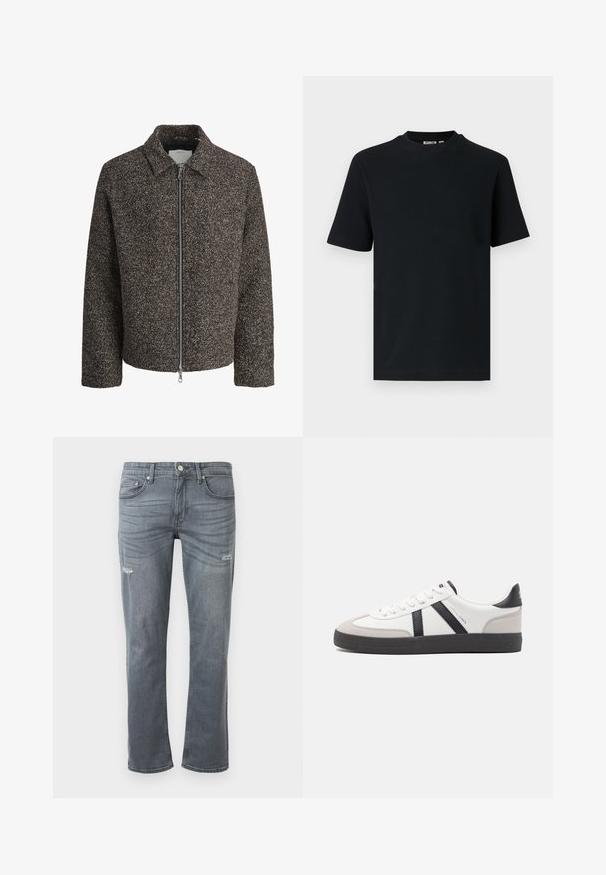 Braune, strukturierte Jacke mit einem Reißverschluss, umgelegtem Kragen und langen Ärmeln. Sie verfügt über einen gepinselten Stoff und einen leicht verkürzten Schnitt.; Schwarzes, kurzärmeliges, geripptes Strick-T-Shirt mit Rundhalsausschnitt und einem kleinen, sichtbaren Etikett im Krageninnenteil.; Graue Denim-Jeans mit geradem Bein, leichtem Distressing an den Knien und klassischem Fünf-Taschen-Design. Knopfverschluss an der Taille.; Weiße Sneaker mit schwarz- und grau-aczenten, ausgestattet mit einer strukturierten grauen Zehenkappe, schwarzer Gummi-Sohle und flachen weißen Schnürsenkeln. Sauberes Design, minimalistische Stil.