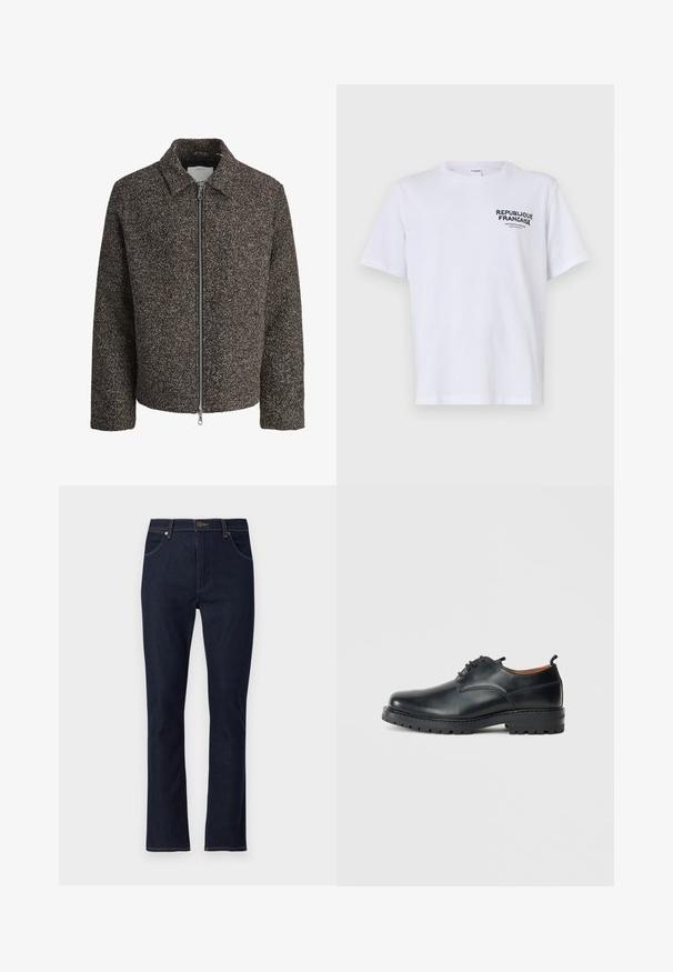 Brun struktureret jakke med lynlås, spredt krave og lange ærmer. Har et børstet stof og en let cropped pasform.; Hvid bomulds T-shirt med korte ærmer og rund hals. Printet på venstre bryst siger "REPUBLIQUE FRANCAISE" i mørkegrøn tekst.; Mørkeblå straight-leg denim jeans med forlommer, bæltestropper og knaplukning.; Sorte læder derby-sko med en glat overflade, rund tå, snøre-design og en tyk, robust gummisål.