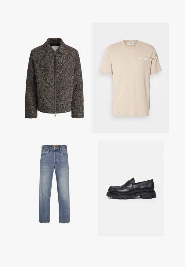Bruine textuurjack met een ritssluiting, opstaande kraag en lange mouwen. Heeft een geborstelde stof en een iets verkorte snit.; Beige katoenen T-shirt met korte mouwen, ronde hals en een gedrukt grafisch ontwerp met de tekst "JOUW AVONTUUR" op de borst. Minimalistisch ontwerp.; Lichtblauwe rechte jeans gemaakt van denim, met een vervaagde wassing, vijf zakken, riemlussen en een rits met knoopsluiting.; Zwarte leren loafer met dikke geribbelde zool en pennyriemdetail, getoond in rechter zijprofiel op witte achtergrond.
