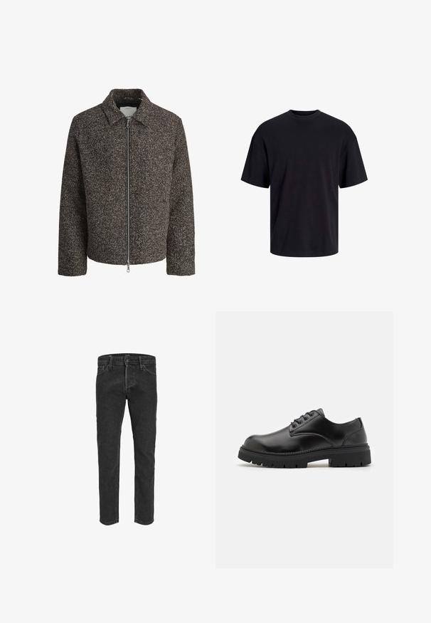 Brun struktureret jakke med lynlås, spredt krave og lange ærmer. Har et børstet stof og en let cropped pasform.; Sort bomulds t-shirt med rund hals, korte ærmer og en afslappet pasform. Glat tekstur uden synlige mønstre eller accenter.; Sorte denimbukser med lige ben, fem lommer og bæltestropper, der har en let falmet tekstur og kontraststing. ; Sorte lædersko med rund tå, snørelukning og en tykk, struktureret gummisål. Har syninger langs kanten og en glat overflade.