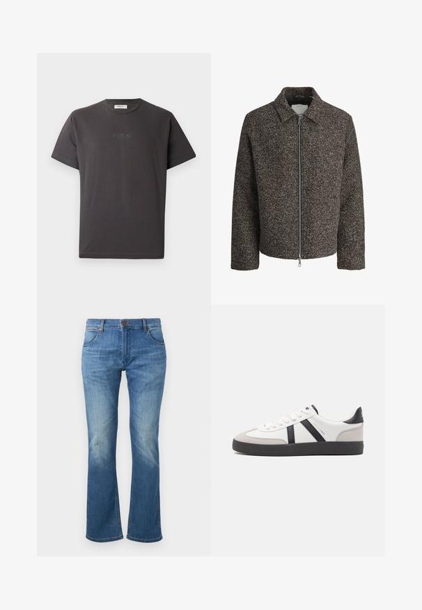 Brun struktureret jakke med lynlås, spredt krave og lange ærmer. Har et børstet stof og en let cropped pasform.; Mørkegrå kortærmet bomulds-t-shirt med et diskret reliefprint af "REPLAY" logoet foran. Rund halsudskæring og afslappet pasform.; Blå denimjeans med en let udvidet ben, frontlukning med knapper og lynlås samt falmning på lår og knæ.; Hvide sneakers med sorte og grå detaljer, med en tekstureret grå tåhætte, sort gummisål og flade hvide snørebånd. Rent design, minimalistisk stil.