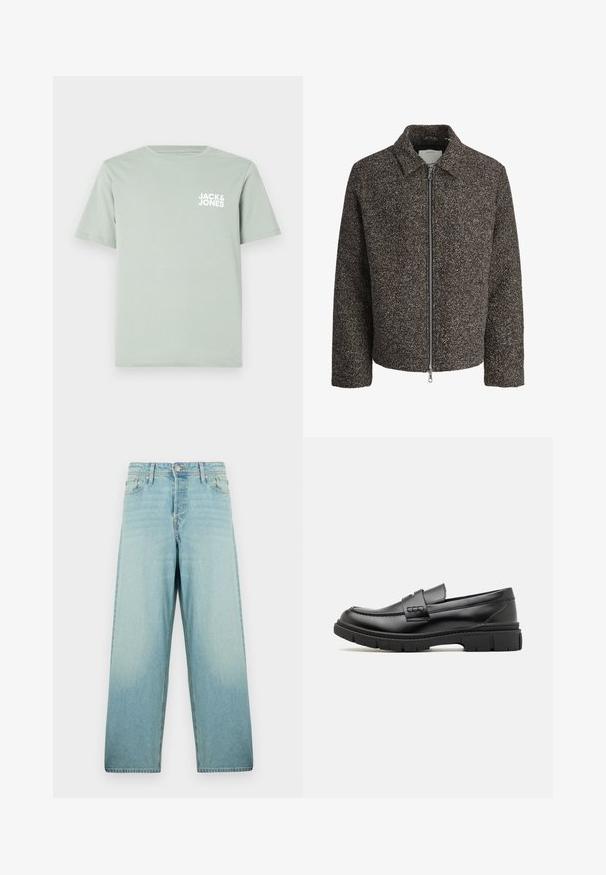 Bruine textuurjack met een ritssluiting, opstaande kraag en lange mouwen. Heeft een geborstelde stof en een iets verkorte snit.; Lichtgroene katoenen T-shirt met een ronde halslijn en korte mouwen. Voorzien van een wit logo "JACK & JONES" dat op de linkerborst is gedrukt.; Lichtblauwe wijde denim jeans met een vervaagde was. Voorzien van een voorste knoopsluiting en een vijf-pocketontwerp.; Zwarte leren instapper met een brede band over de voet, rubberen zool met dikke noppen en een gladde textuur. Klassiek, strak ontwerp.