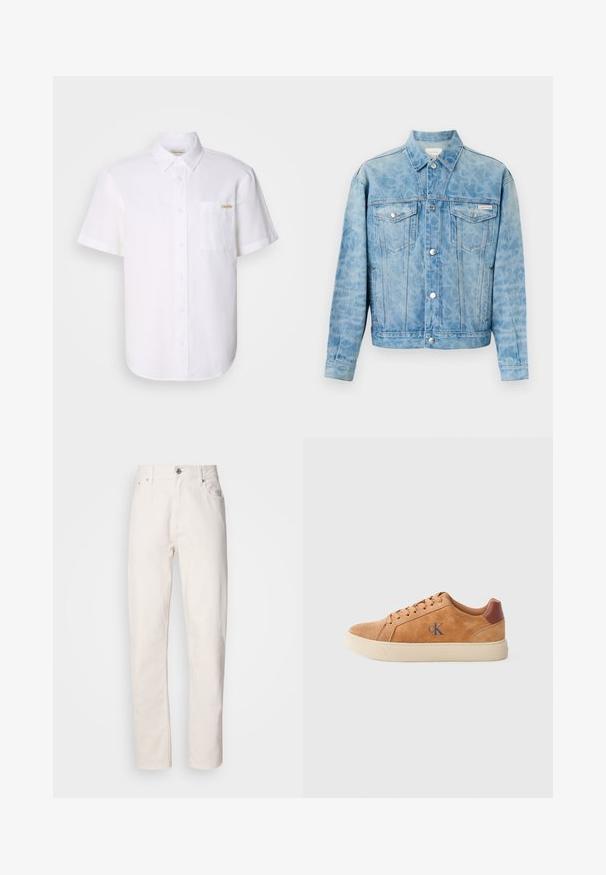 Chaqueta vaquera azul claro con suave estampado de leopardo, cierre de botones, dos bolsillos con solapa en el pecho y logo de Calvin Klein en el bolsillo izquierdo.; Camisa blanca de manga corta con botones, hecha de tela ligera, que presenta un bolsillo en el pecho y un sutil detalle de logo. Textura suave y cuello clásico.; Jeans de denim blanco de pierna recta con cierre de botón y cremallera, lazos para cinturón y bolsillos delanteros y traseros, mostrados sobre un fondo liso.; Zapatilla de ante color canela con suela de goma beige, con acentos marrones y un pequeño logo azul en el costado. Diseño clásico con cordones.
